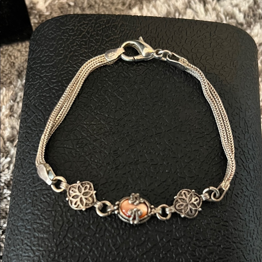 925 Sterling Silver Chain Bracelet with Peach Accent vintage
